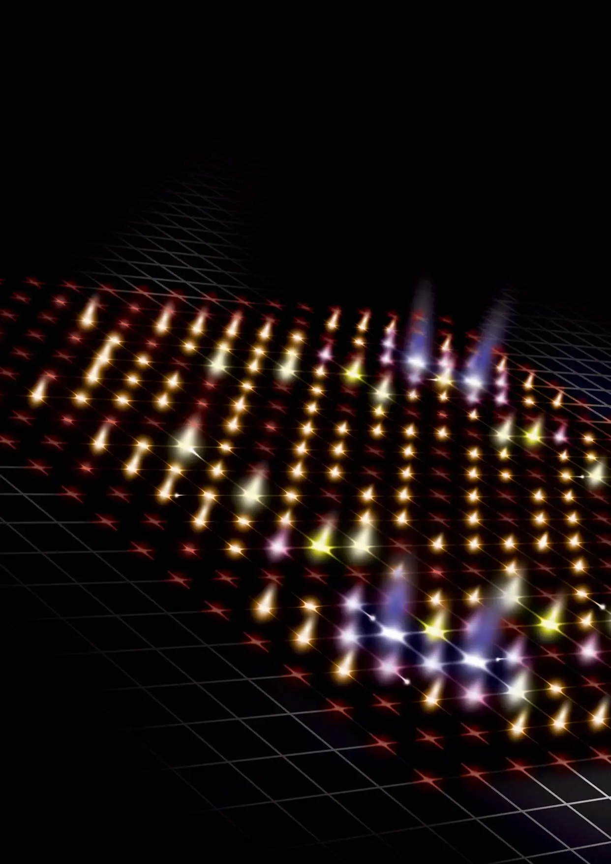 A graphic representation of the two-photon quantum walk. This unique behavior simulates the quantum walks in more complex spaces. The size, color and intensity of the points corresponds to the likelihood of the two photons appearing each location. The two areas of increased probability is a hallmark of quantum behavior.