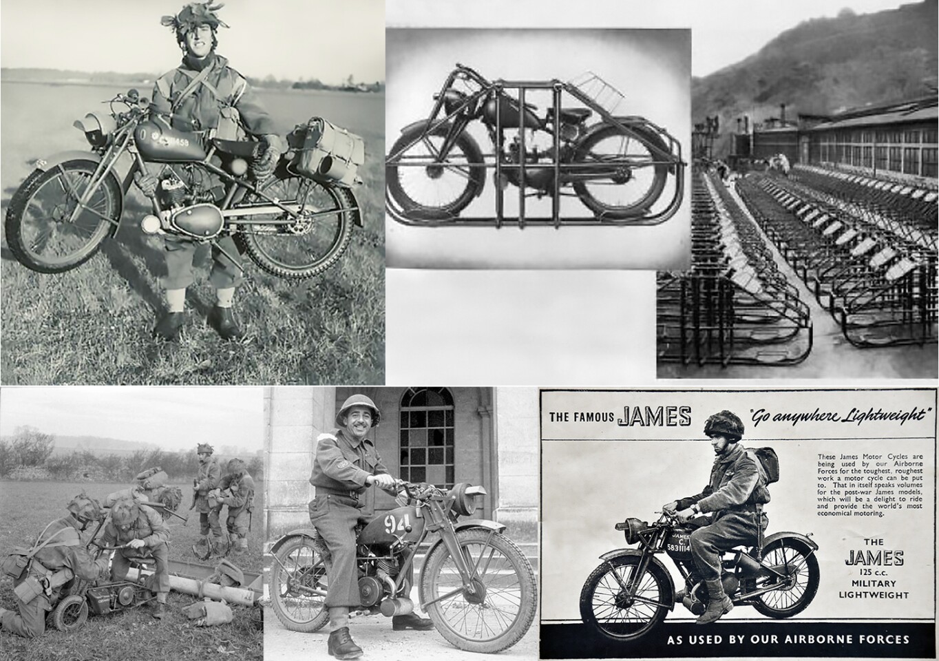 The most common of the airborne motorcycles became the Royal Enfield Flying Flea. This ultra-lightweight 125cc two-stroke capable of 130 mpg economy with a top speed of 45 mph - top row) and 7000 units were produced. The bikes were manufactured then fitted into tubular steel cradles capable of withstanding a parachute landing (center and top right). In terms of quantity, the Cushman 53-A was the second most prolific paratrooper motorcycle in the European theatre with roughly 4500 units built, and the British folding Welbike with 3,500 units was third - that's the Welbike at bottom left, being assembled by British Commandos on the battlefield from an airdropped cylinder.