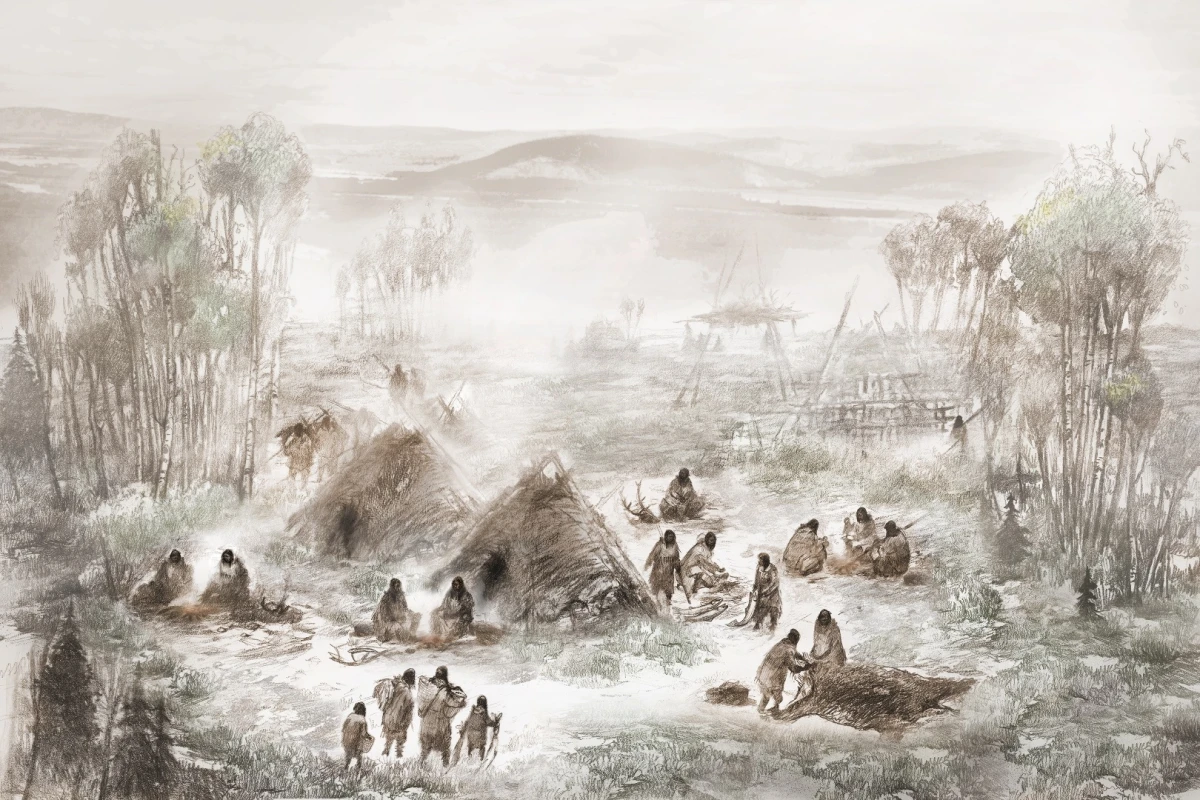 An artist's impression of the camp in central Alaska where the fossil was unearthed