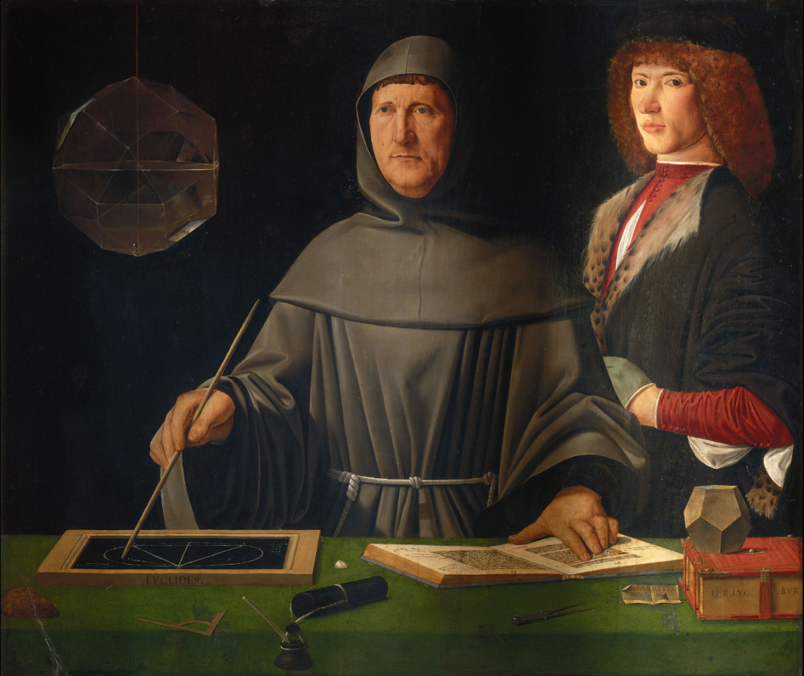 This portrait of Luca Pacioli was painted by Jacopo de’ Barbari, is housed in The Capodimonte Museum in Naples. It depicts Pacioli with one hand on this book, while demonstrating a Euclid theorem with the other