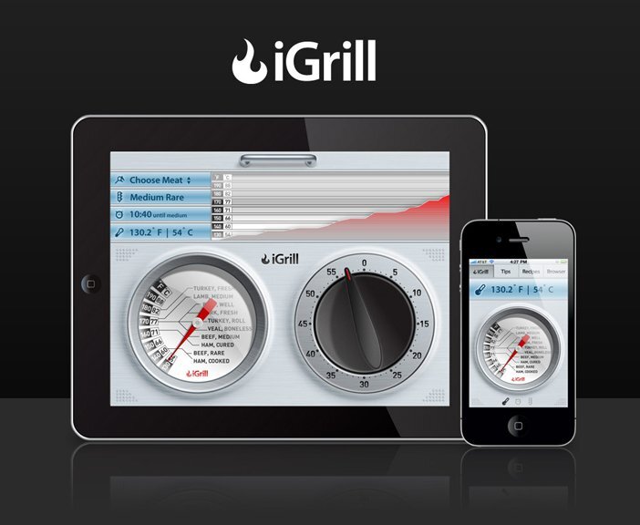 The iGrill is a cooking thermometer that transmits the temperature of cooking meat to its user's iPhone, iPod or iPad, via Bluetooth