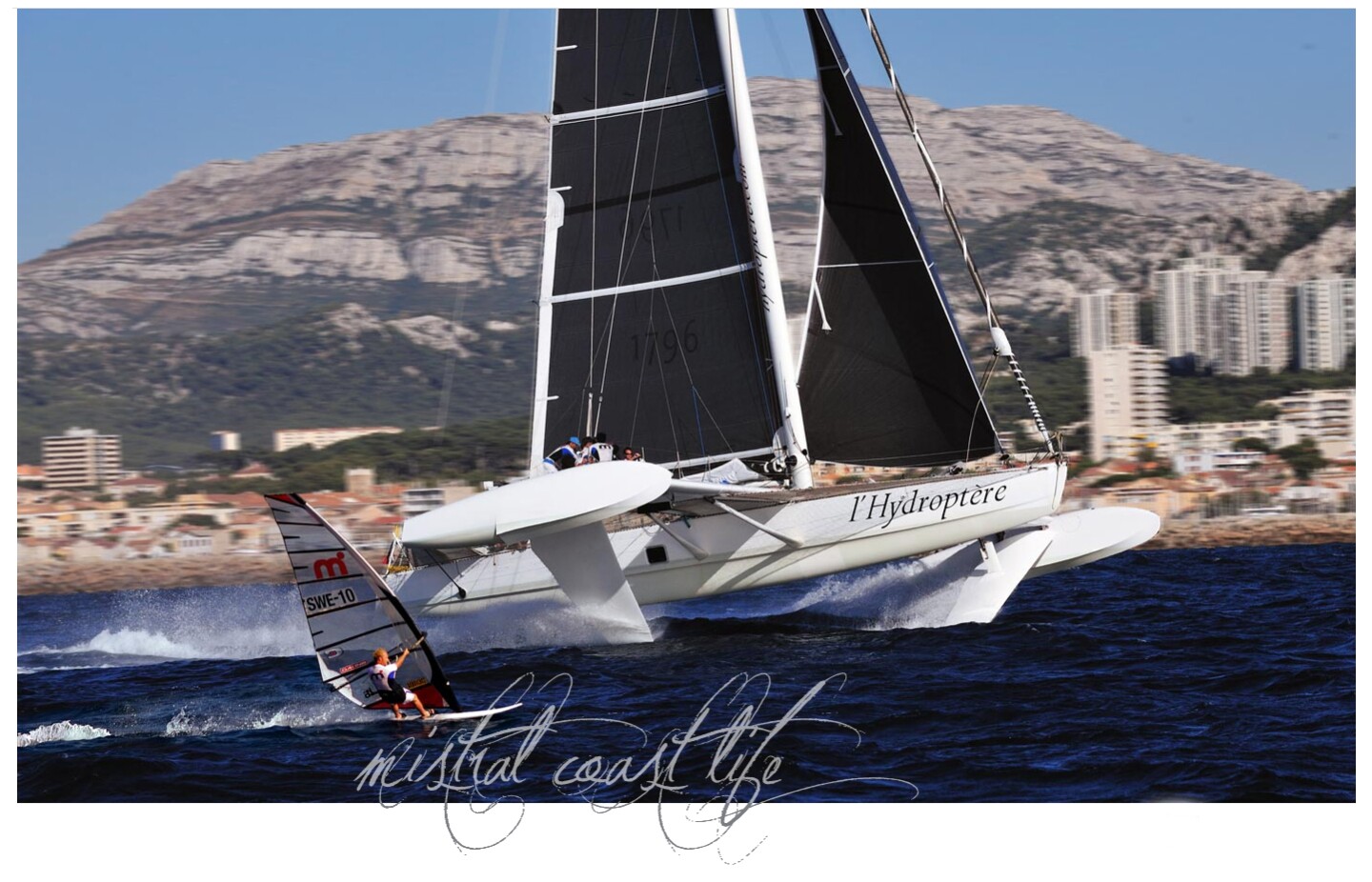 Anders Bringdal on his over-the-counter Mistral board and l'Hydroptere, the fastest open-water sailing boat in history