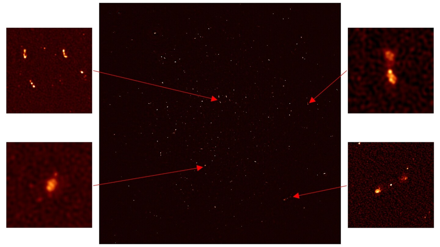 The zoomed-in image on the lower left shows a galaxy abut 200 million light years away, where hydrogen gas is being used up to form a huge number of stars; the two images on the right show galaxies with massive black holes at their centers