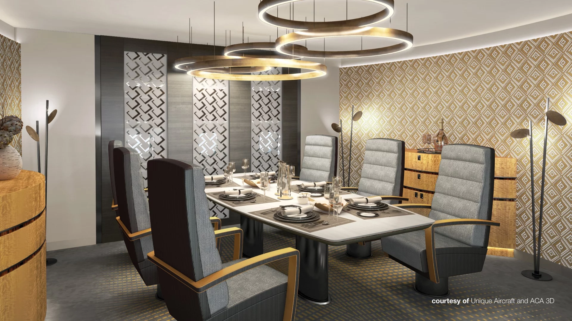 A dining room concept for the BBJ 777X by Unique Aircraft and ACA 3D