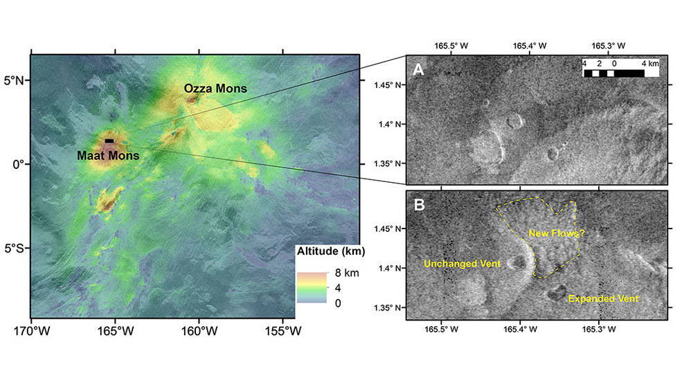 Left: Altitude data for Venusian mountains.Right: Images of the area taken in February 1991 (A) and his October (B)