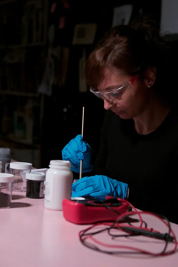 Catarina Mota at work mixing electronics and smart materials with low-tech materials such as paper, fabric and edibles