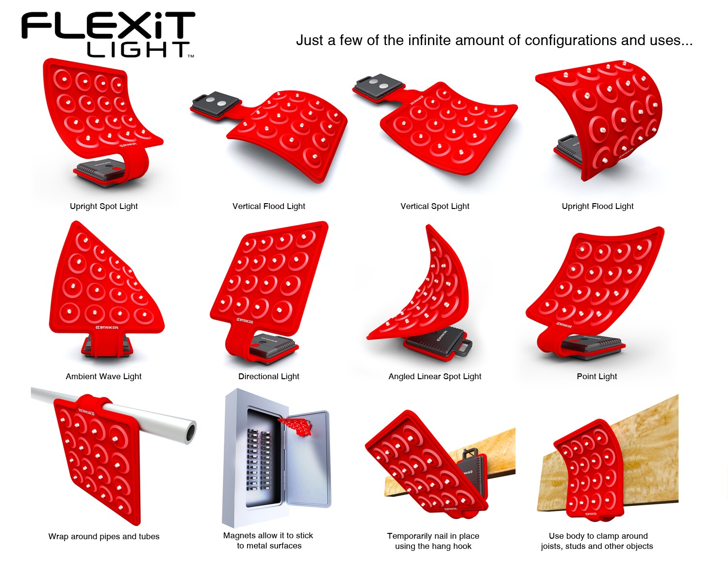 The FLEXiT Light incorporates a bendable, hang-able and magnetically-attachable array of 16 LED bulbs