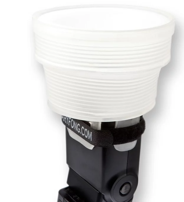 The Gary Fong Lightsphere Collapsible Speed Mount will give an equally tight fit on small flashes and larger ones