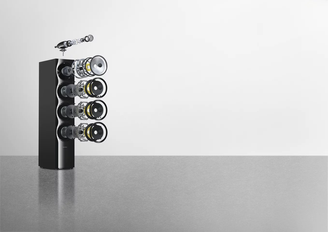 Exploded view of a 700 Series 702 S2 floorstanding loudspeaker