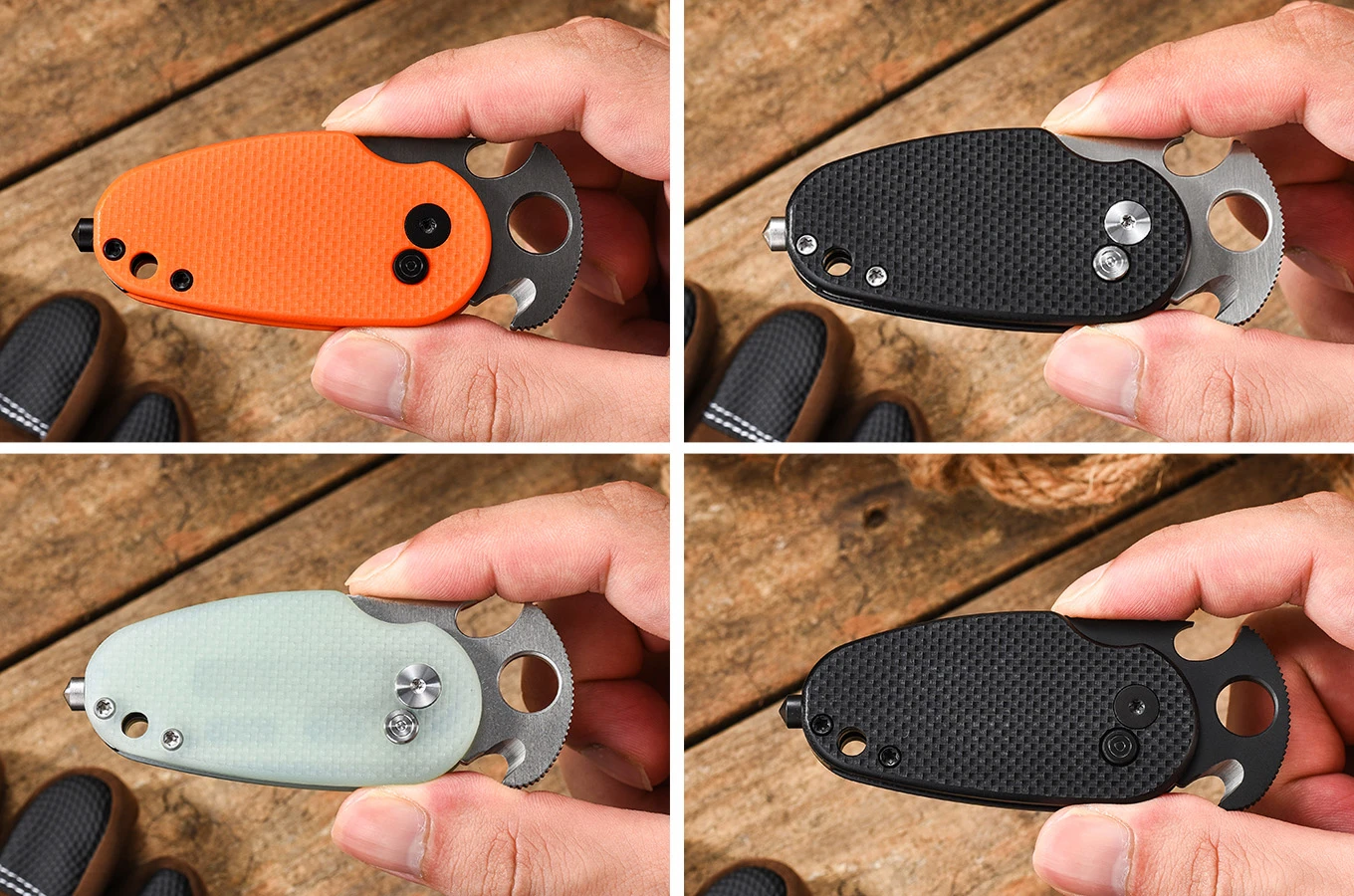 The basic Sidekick with a G10 handle and 918 steel blade comes in these four cool finishes