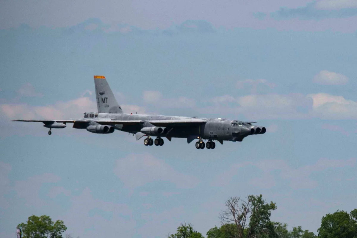 A B-52 Stratofortress, nicknamed "Wise Guy," makes its final approach to Barksdale Air Force Base, La
