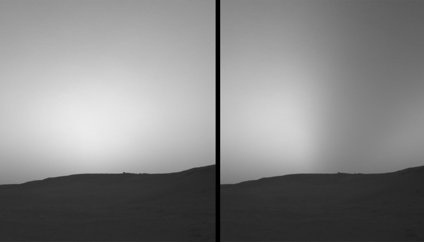 The shadow of Phobos can be seen dimming the light (right) as the moon passes overhead