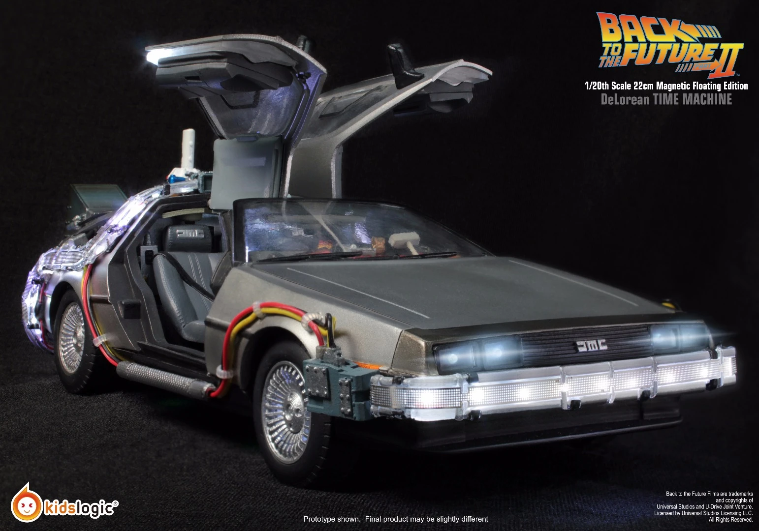 Fully functional gull-wing doors on the cale model replica of the Back the the Future II hovering DeLorean