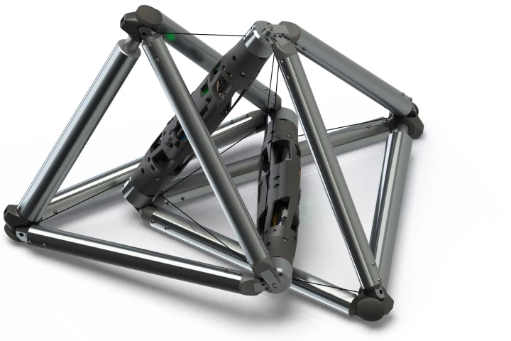 A rendering of the DucTT robot, which is made up of two cable-connected tetrahedrons