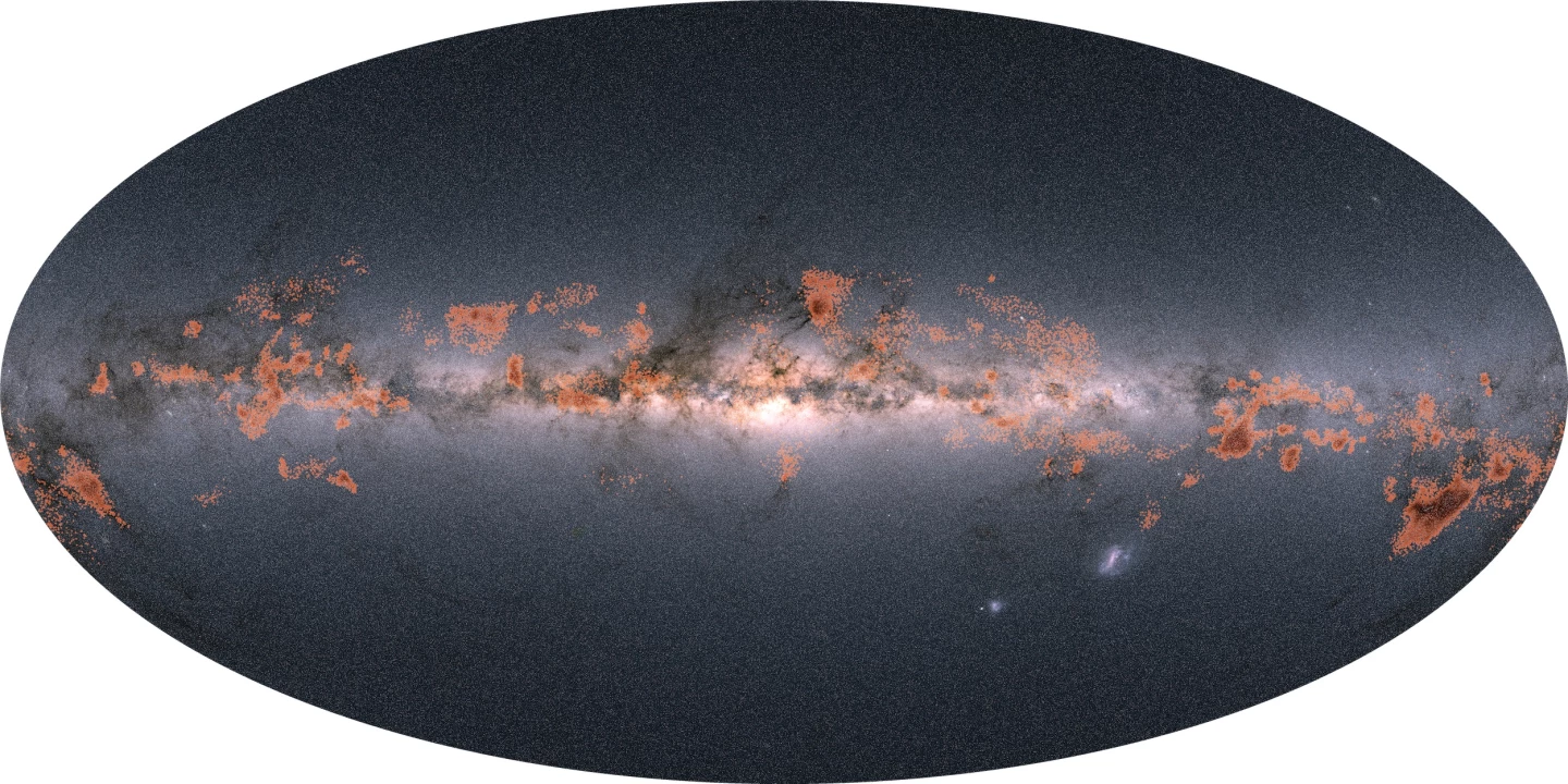 Gaia's original galaxy map, overlaid with the new data on family groups of stars (orange)