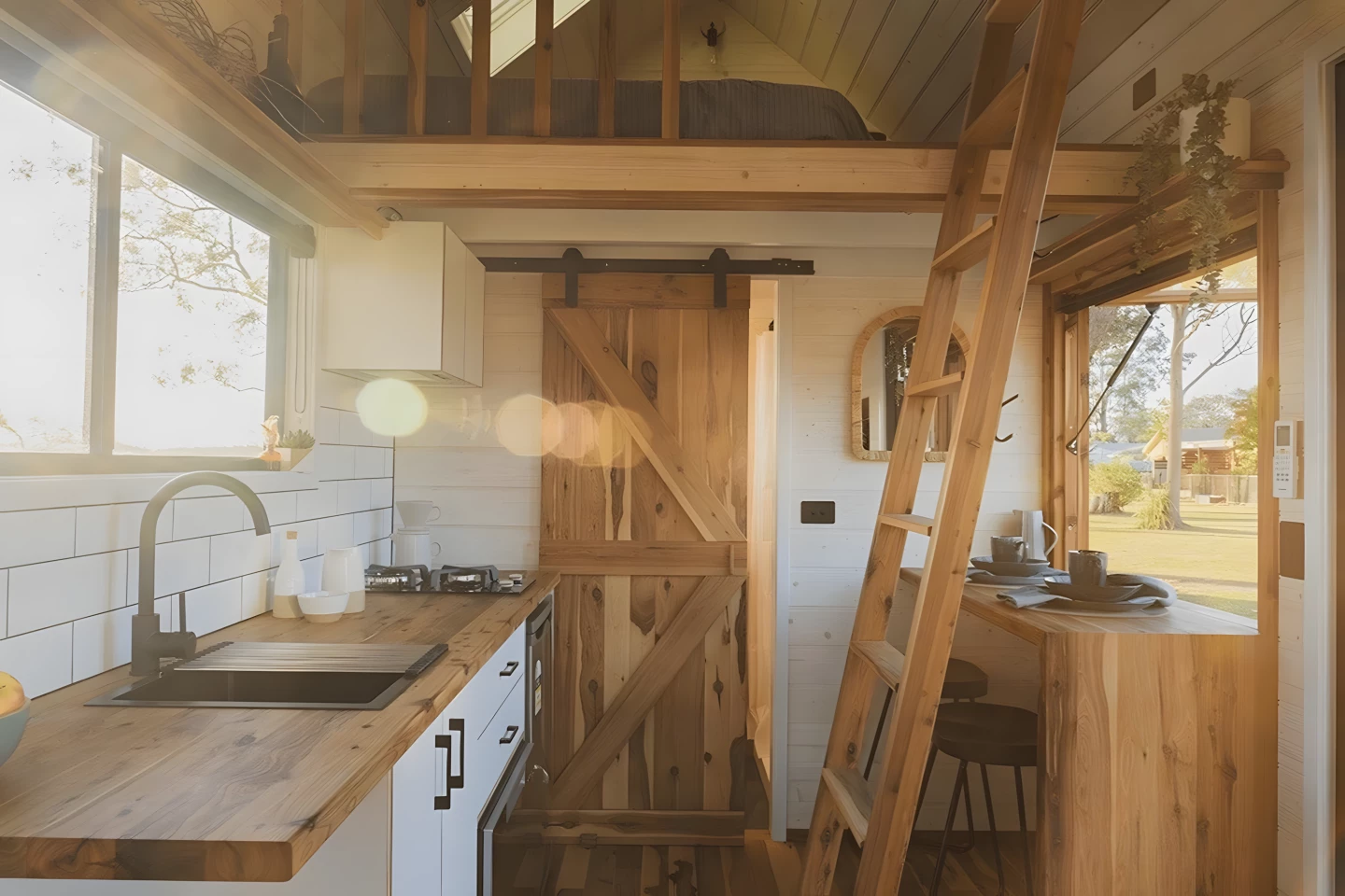 The Gunyah's upstairs bedroom is accessed by a removable ladder