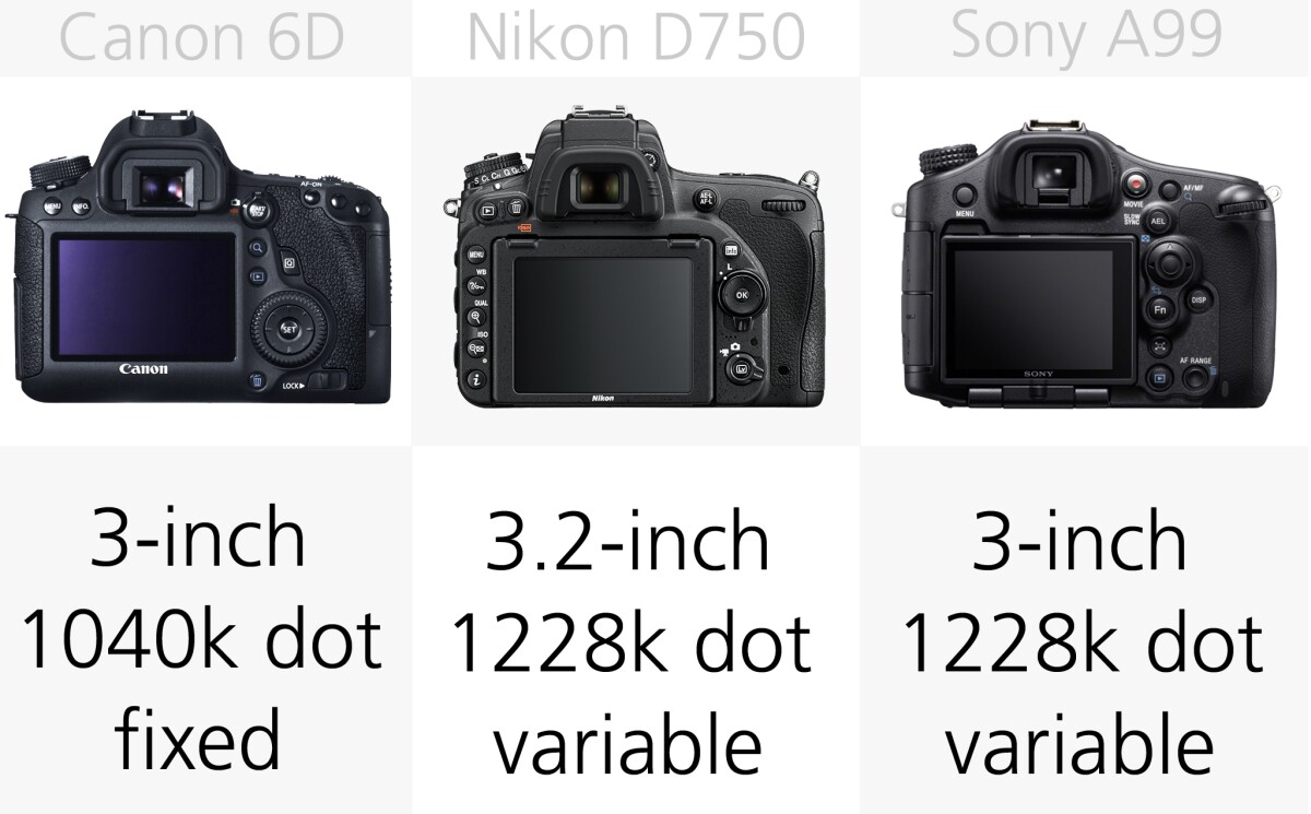 The Nikon D750 and Sony A99 are the only cameras here to feature monitors which can be angled