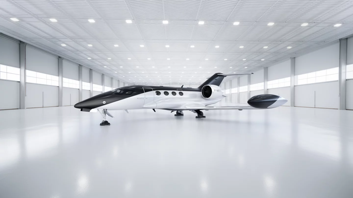 A handsome business jet with green hydrogen tanks along its sides and at its wingtips