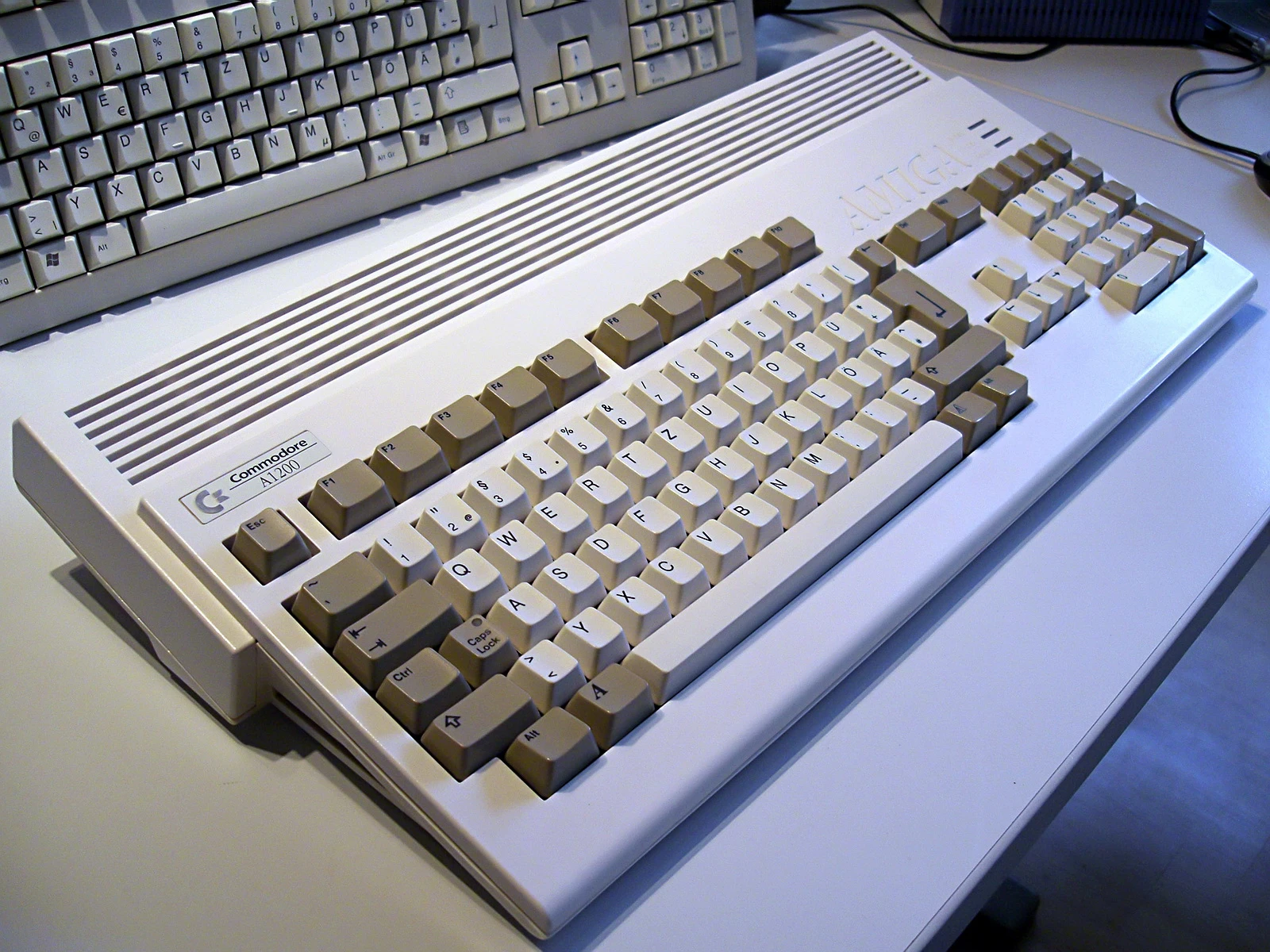 An Amiga 1200, originally issued in 1992 with a Motorola 68EC020 14MHz processor and 2MB of RAM