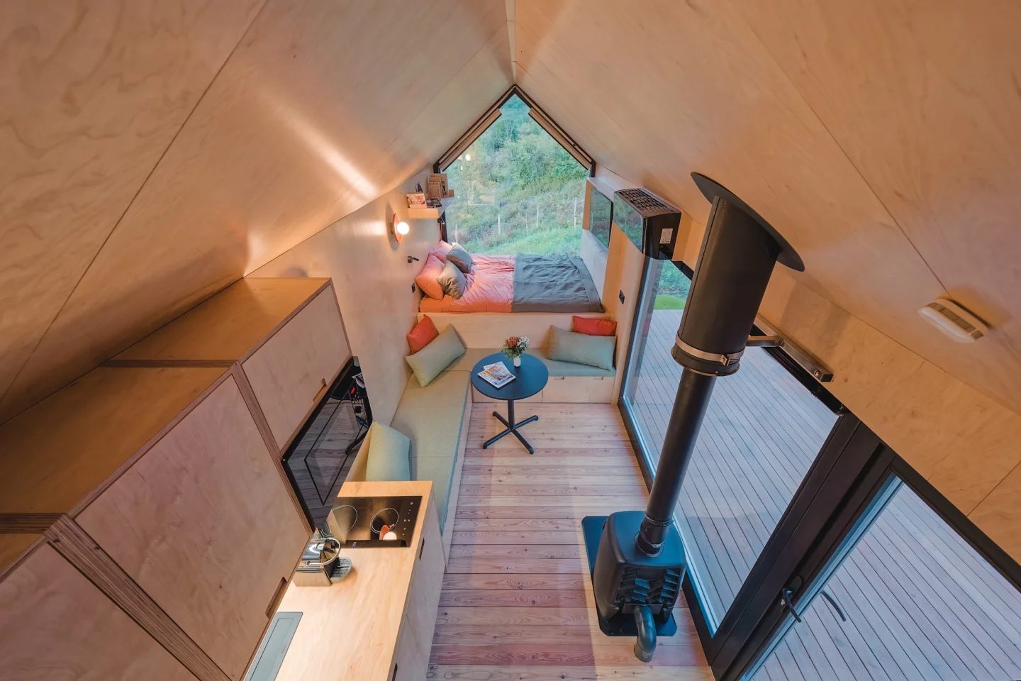 The NestOff’s interior looks light-filled thanks to its generous glazing