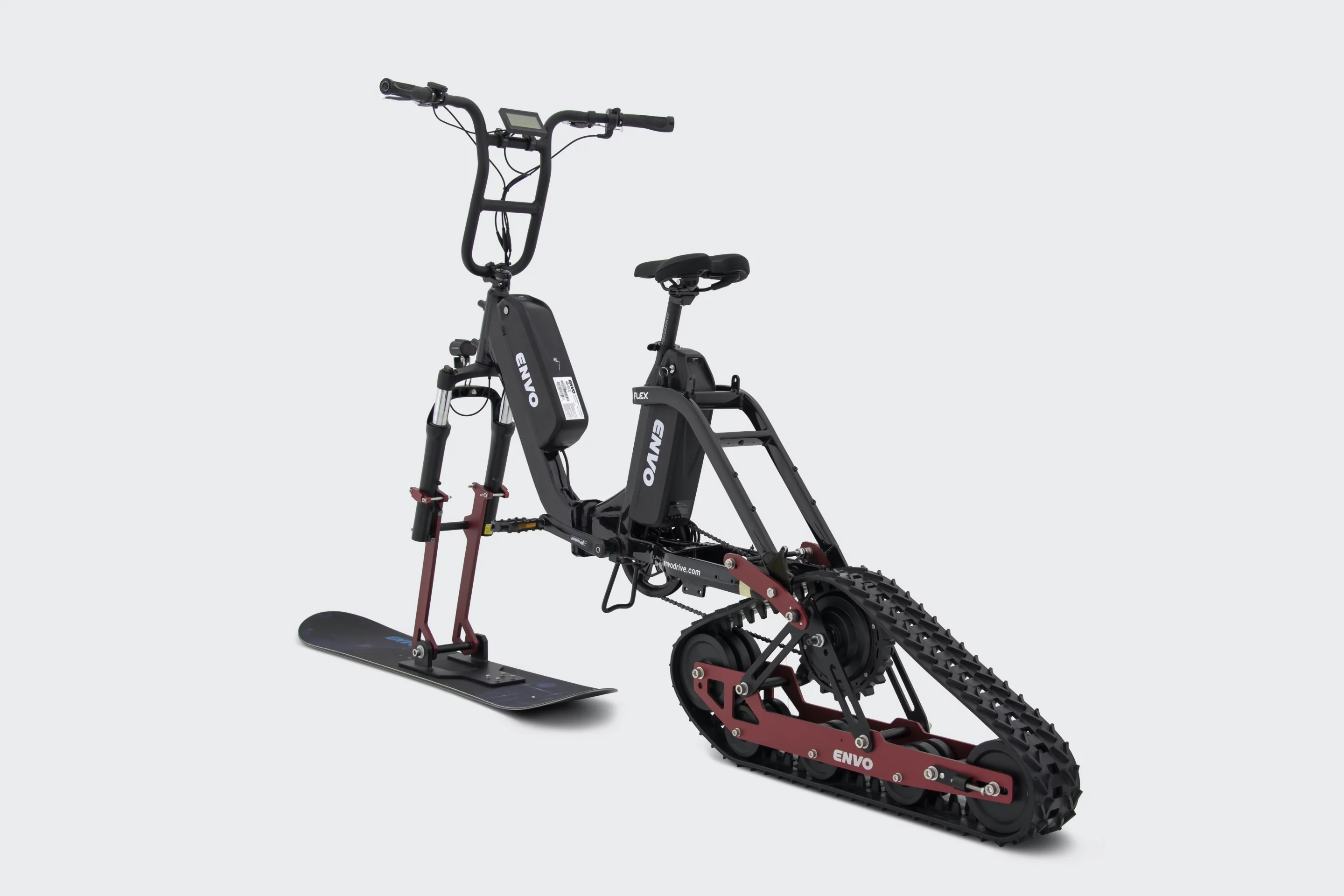 The Flex Snowbike's 1,500-watt motor augments the rider's pedalling power, taking them to a top speed of 20 km/h (12 mph)