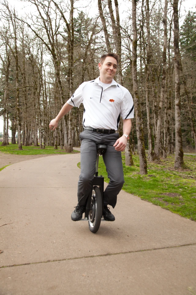 A user leans forward to move, back to brake, left and right to turn