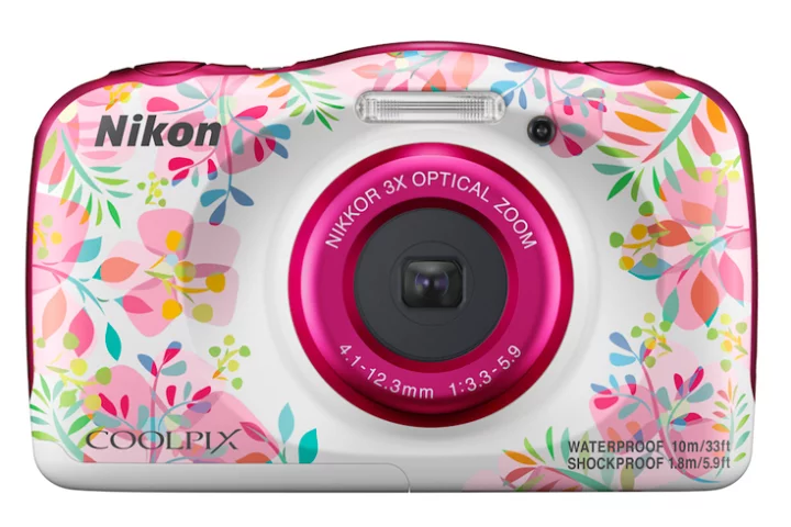 The Nikon Coolpix W150 travel compact is available in blue, white and orange, but also in Flower (pictured) and Resort designs