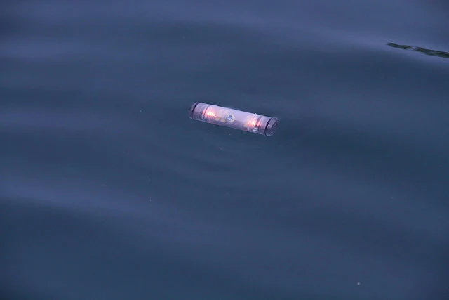 PNNL’s Sensor Fish floats in water and flashes its LED lights after a test