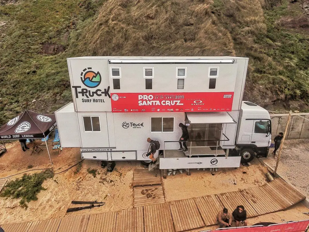 The Truck Surf Hotel set up at the recent Pro Santa Cruz surf competition in Portugal