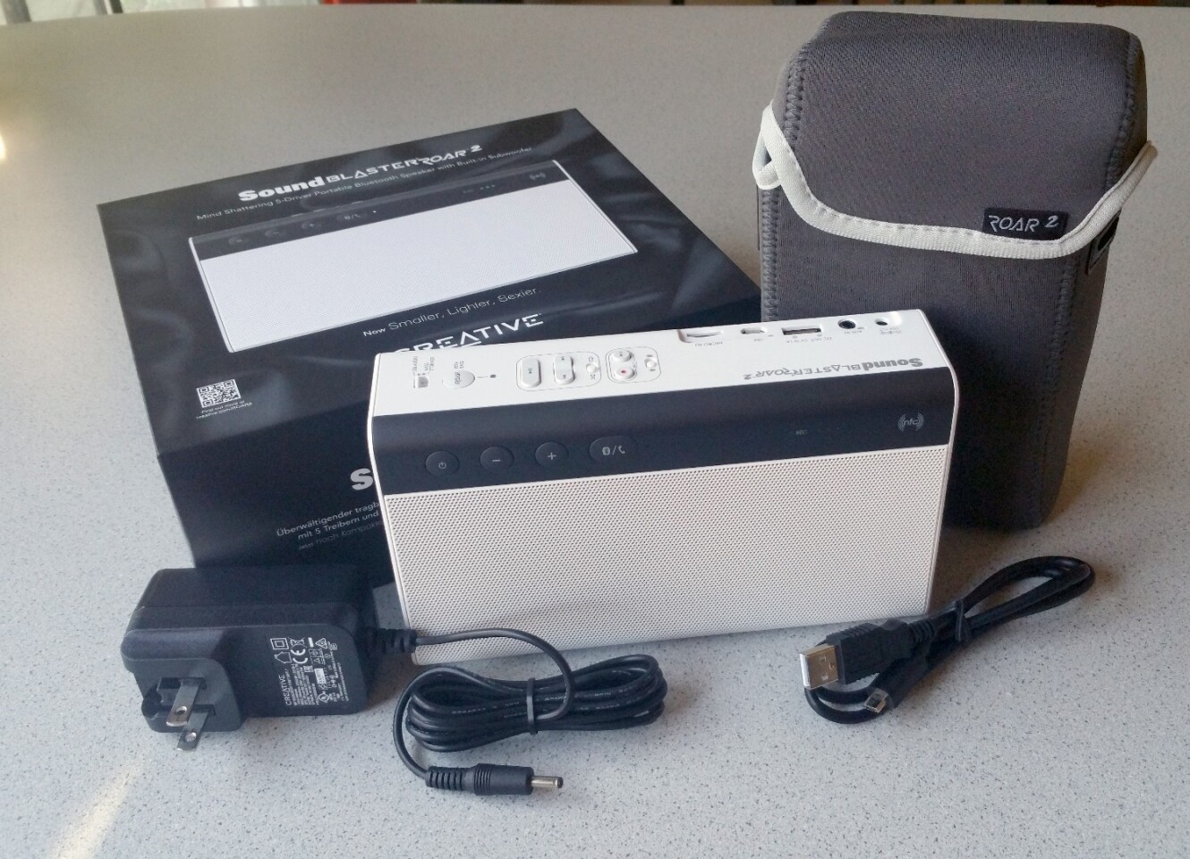 Creative Labs keeps it simple, including only wall adapter and USB cable with the Sound Blaster Roar 2 speaker (carrying case sold separately)