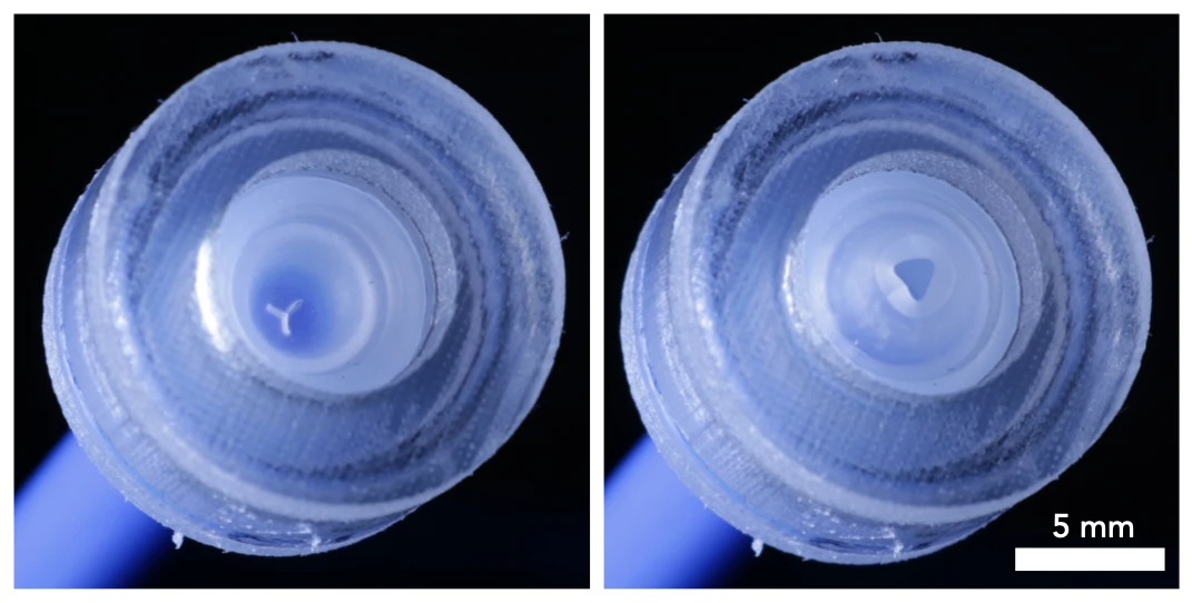 A close look at a hysteretic valve, closed (left) and open (right)