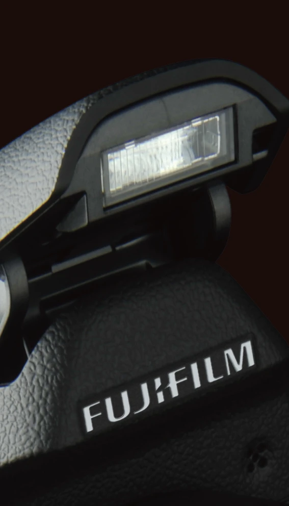 Close up of the built-in, pop-up flash