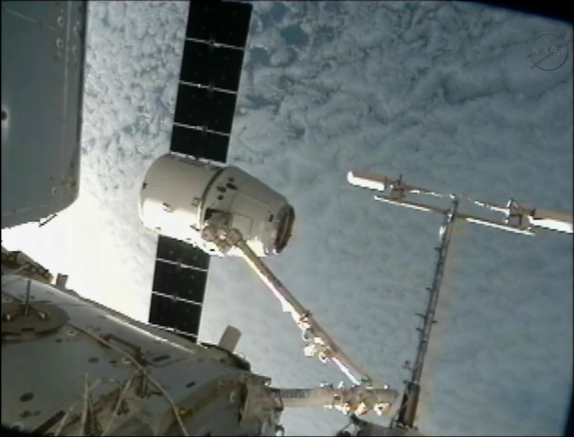 Dragon captured by an ISS robot arm (Image: NASA)