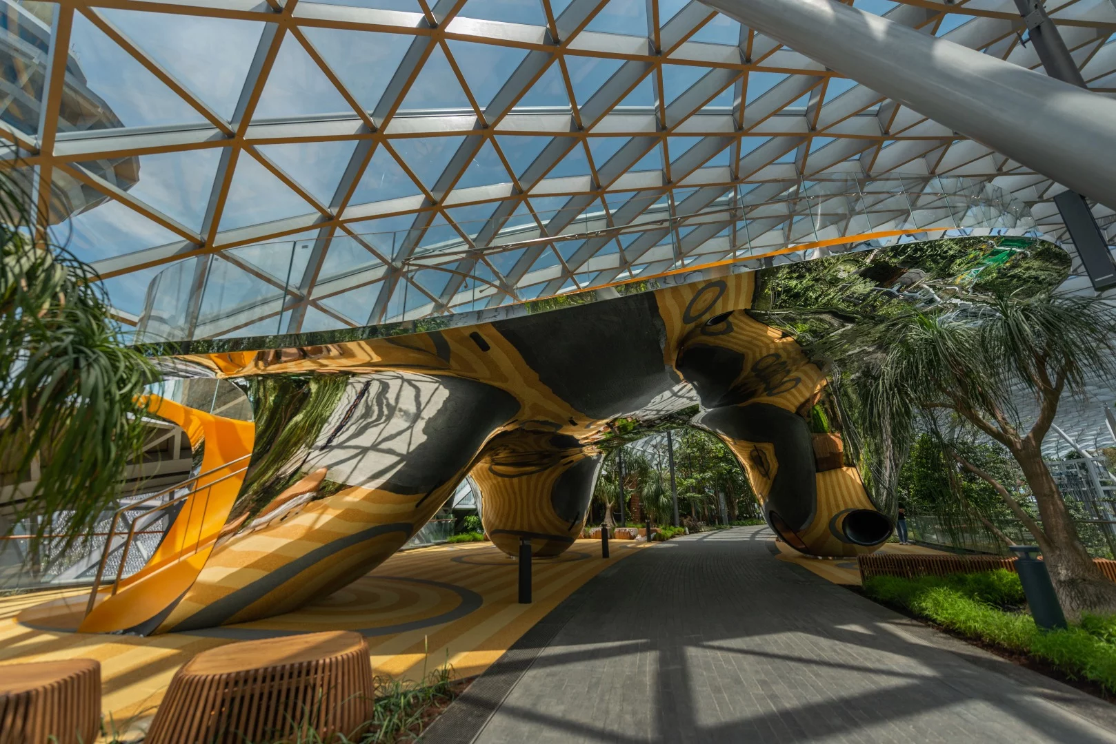 Jewel Changi Airport's slides are located within a reflective art installation