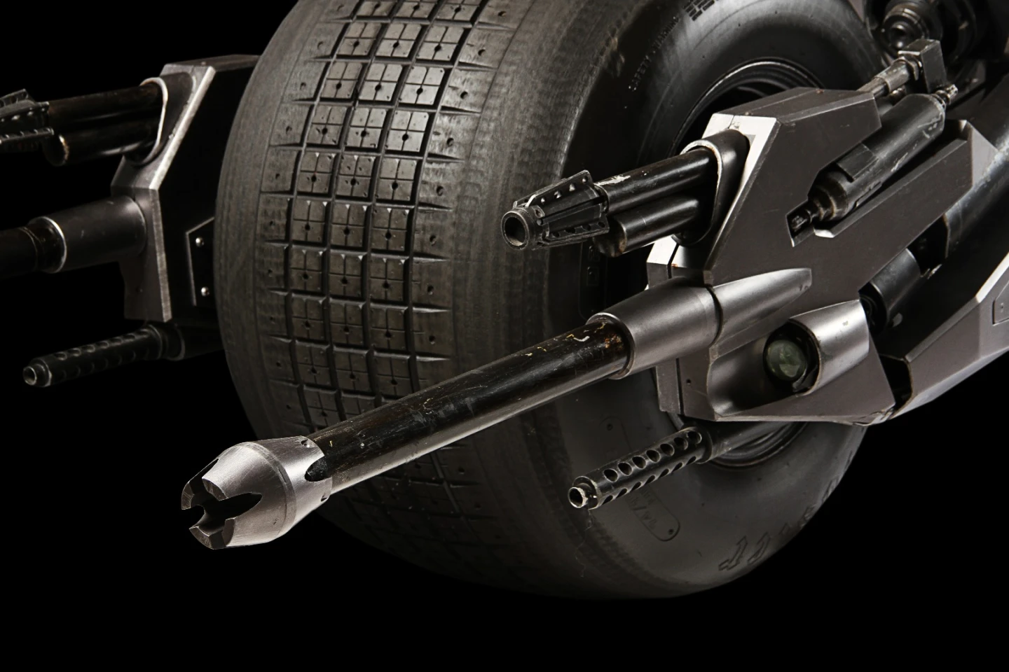 The Batpod sports a pair of (non-functional) cannons made of plastic, resin and fibreglass on the front