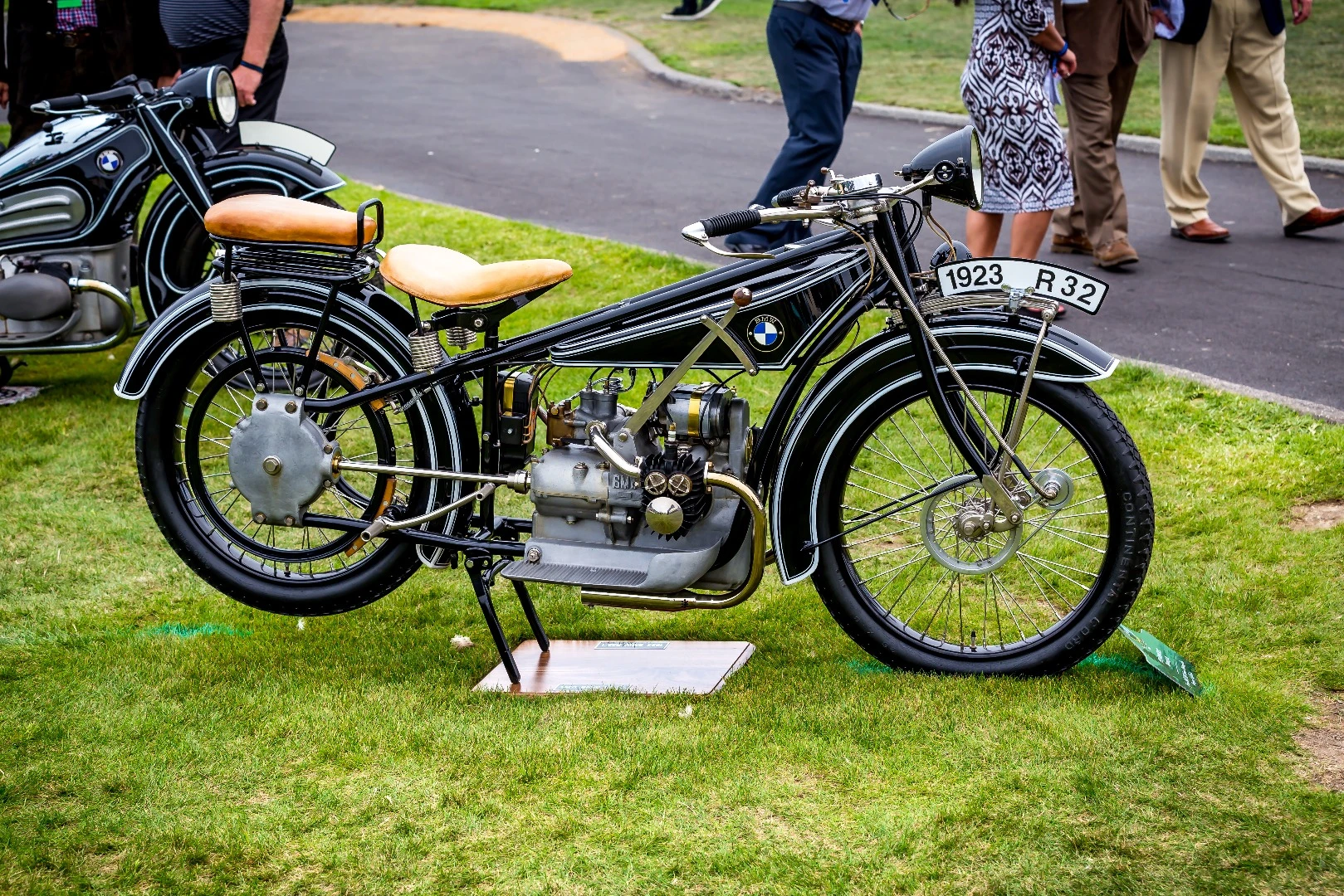 A fully restored 1923 BMW R32 motorcycle on display
