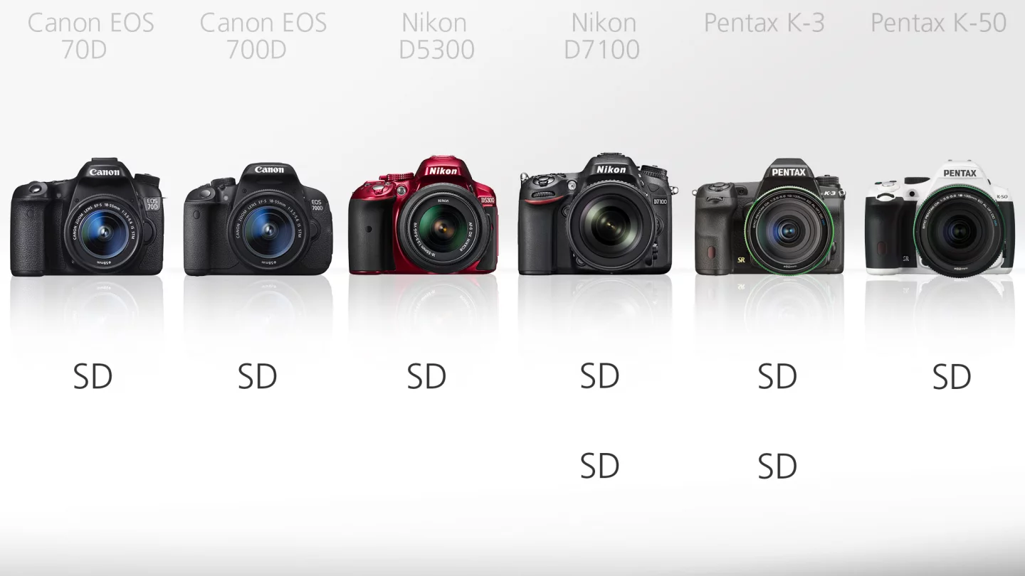 It's SD memory cards all round, but the Pentax K-3 and the Nikon D7100 have two slots each