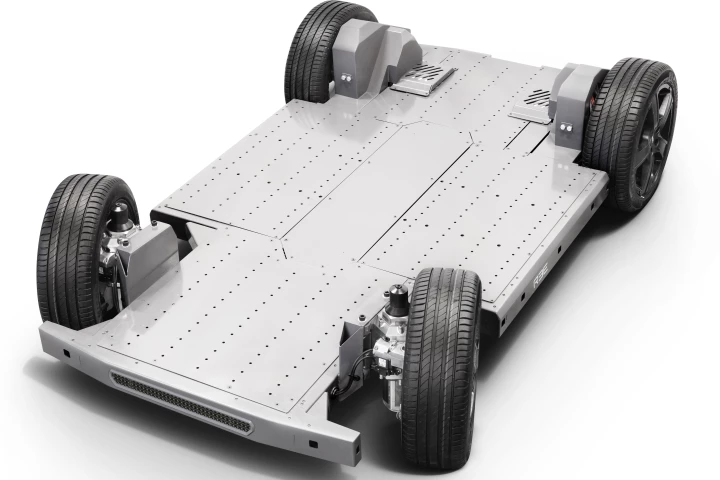 The entire base of the remarkable REE chassis is the battery, and the compact, removable corner modules contain the entire drivetrain, including the wheels, motors, brakes, steering, suspension and more