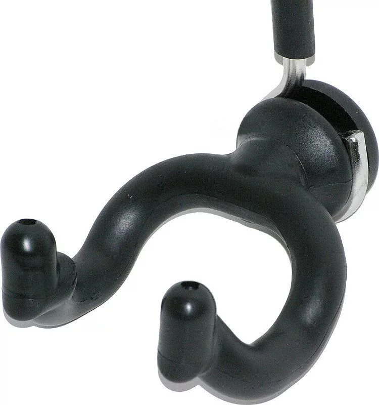 The U-shaped bracket is wide enough for the neck of a guitar to slide through but not the instrument's headstock