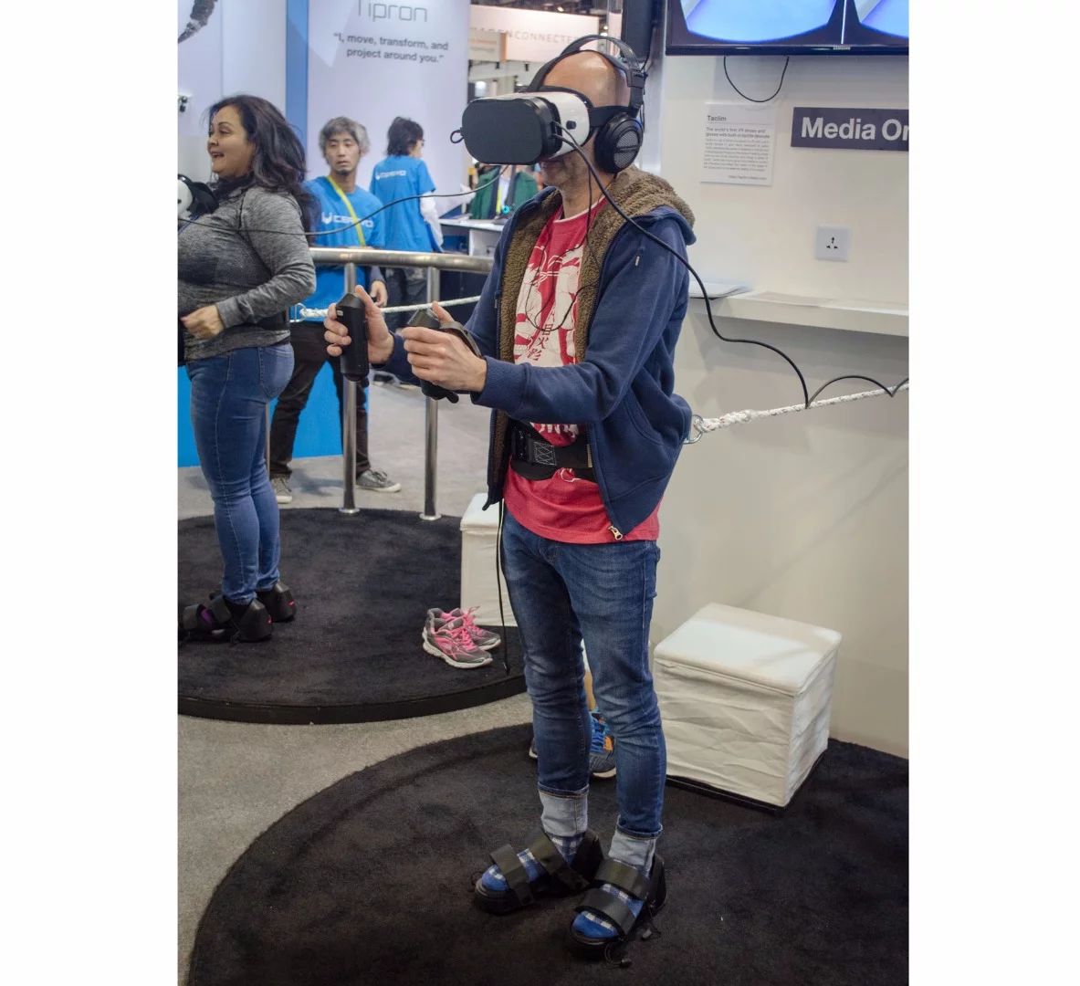 Demoing the Taclim system – note the belt tether