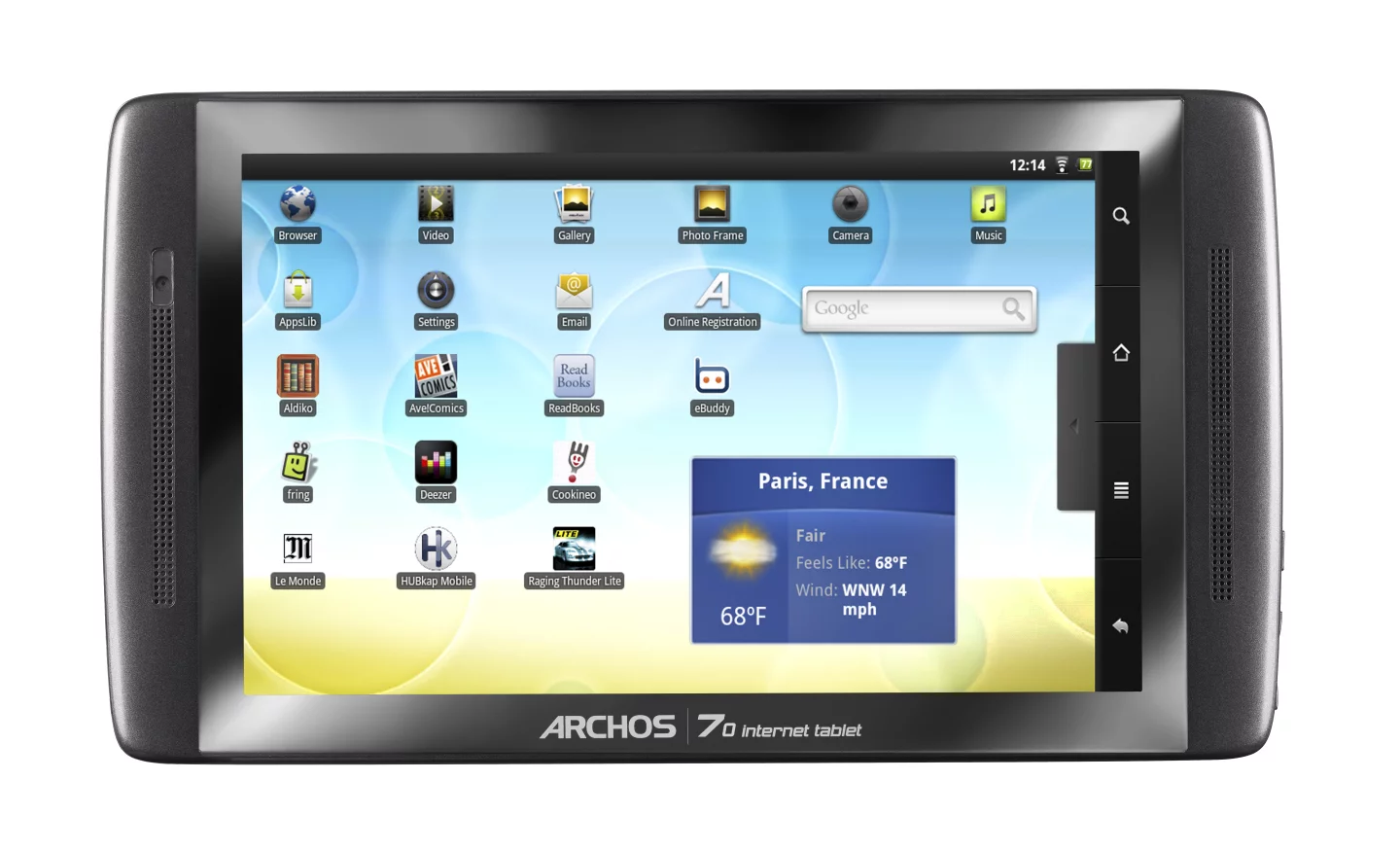 The Archos 70 features a 7-inch, 800 x 480 resolution capacitive multi-touch widescreen display