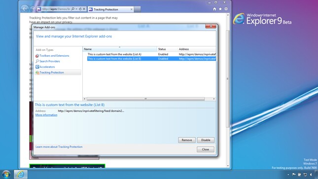 This screen allows users to view and enable or disable the Tracking Protection Lists that have been added