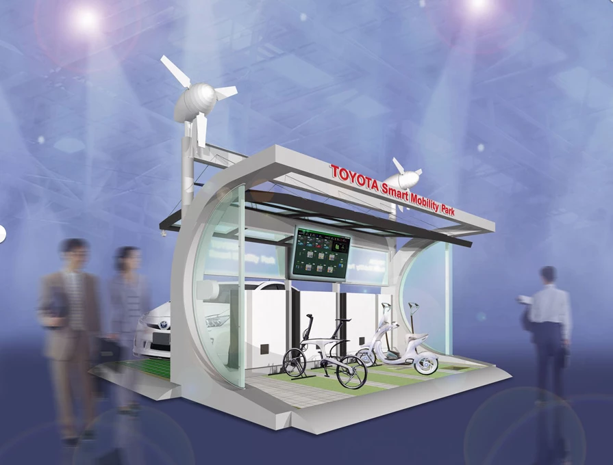 The Toyota stand will show a wind-and solar-powered home energy charging station.