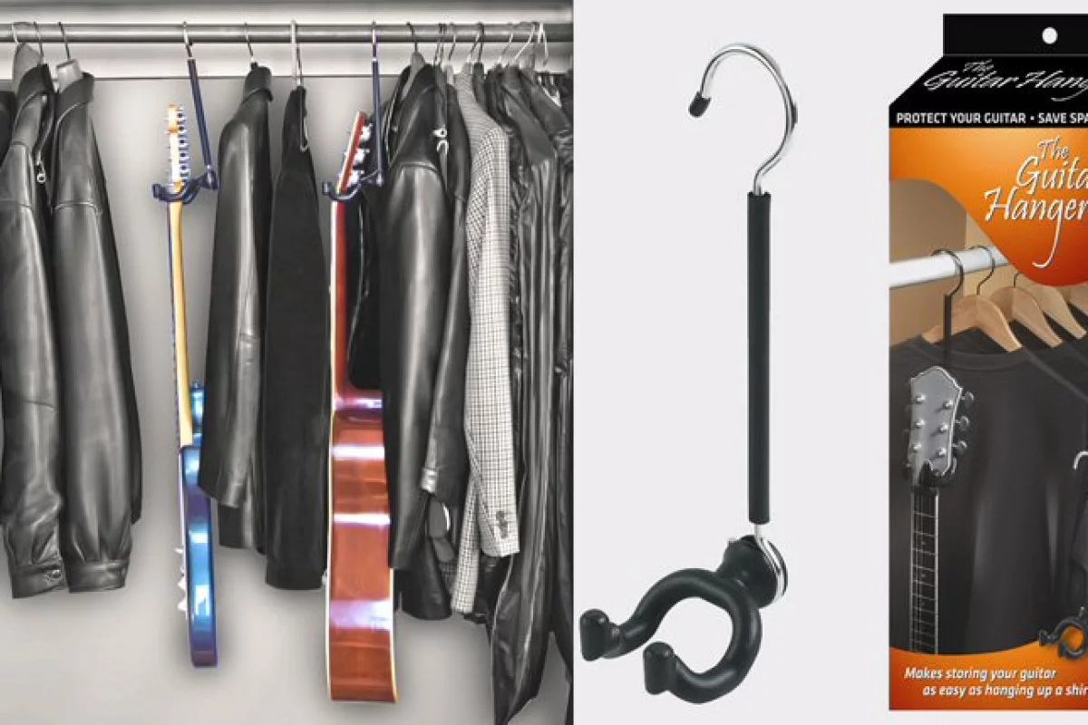 The Guitar Hanger hooks over any closet or rack rod to provide temporary, safe storage for almost any guitar