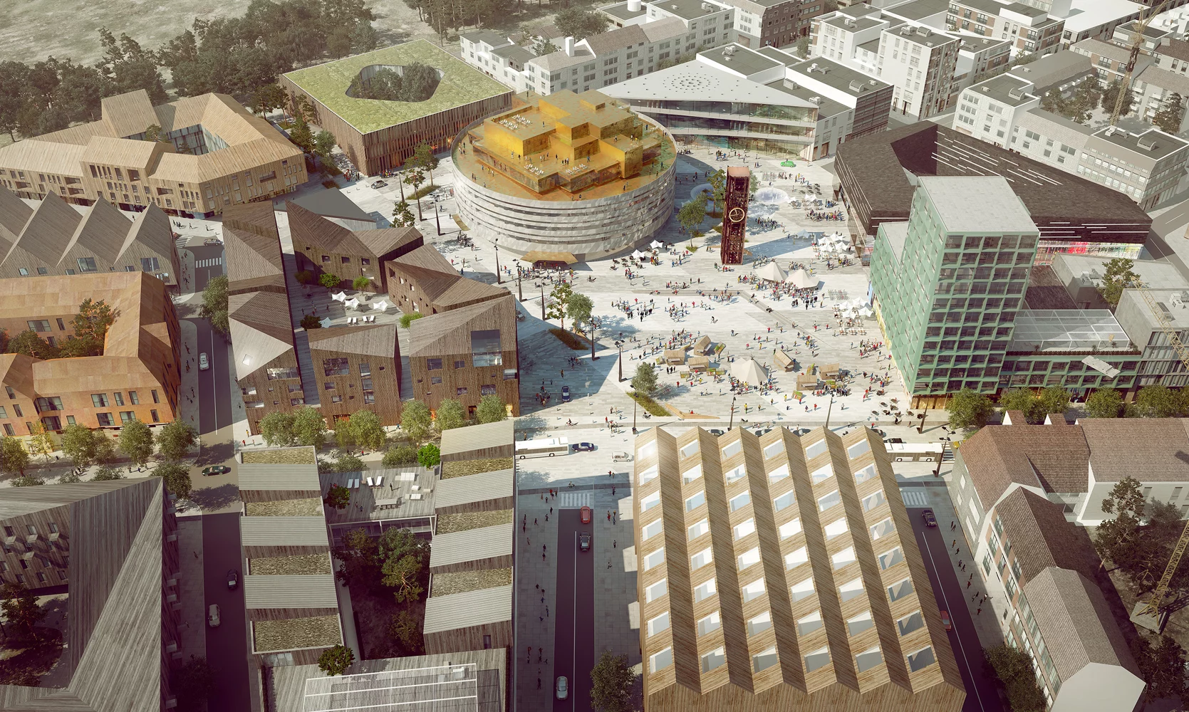 The new town center of Kiruna with the circular town hall by Henning Larsen which is due for completion in 2016 (Image: White Arkitekter)