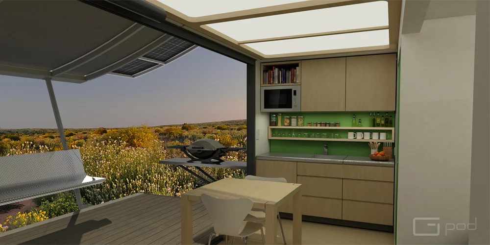 Inside, the Dwell sports a kitchen and dining area, bathroom, bed and couch, a study nook, and a laundry area (Image: G-pod)