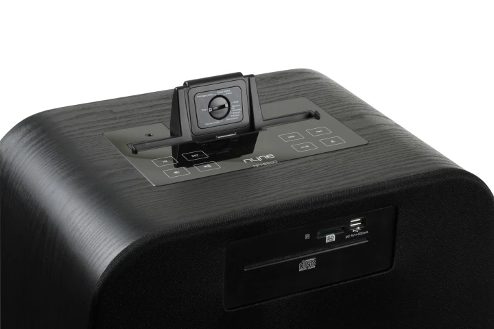 A prominent docking bay on top adjusts to fit most models of iPods, iPhones, and iPads