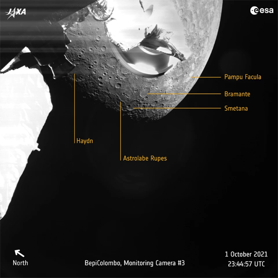 Image shows part of the southern hemisphere of Mercury, where extensive lava plains cover the surface