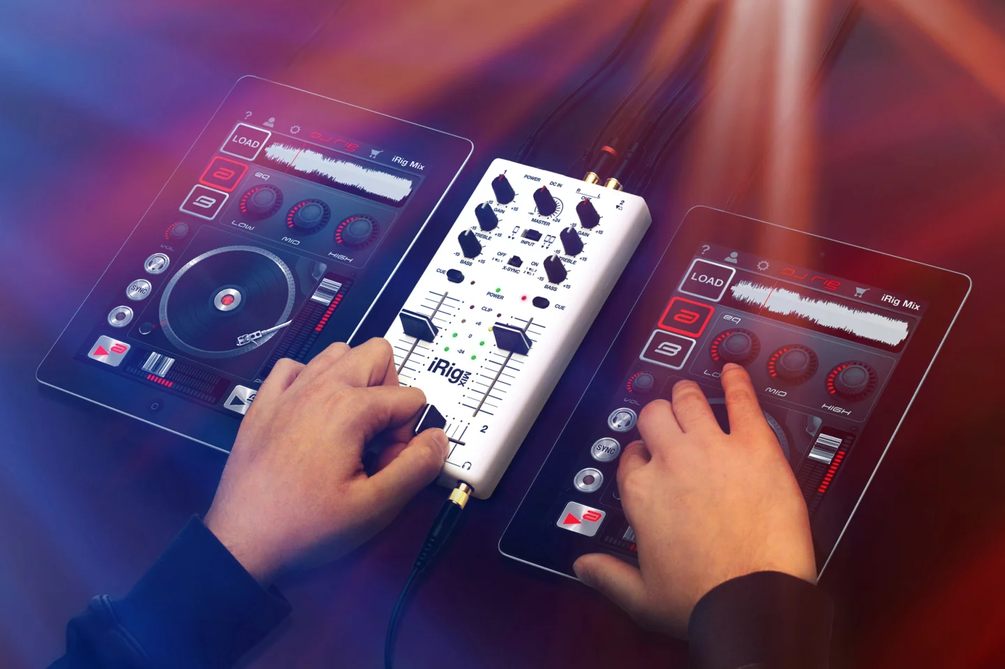 The DJ Rig app offers user configurable virtual decks with controls such as volume, pitch, 3-band kill EQ, and cross fader, and instant song play from the device's music library