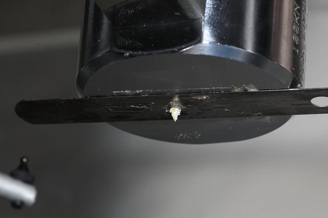A piranha tooth is mounted on the top half of Meyers' testing apparatus